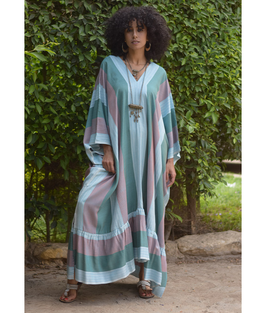 Multicolored Handwoven Ruffle Kaftan handmade in Egypt & available at Jozee boutique