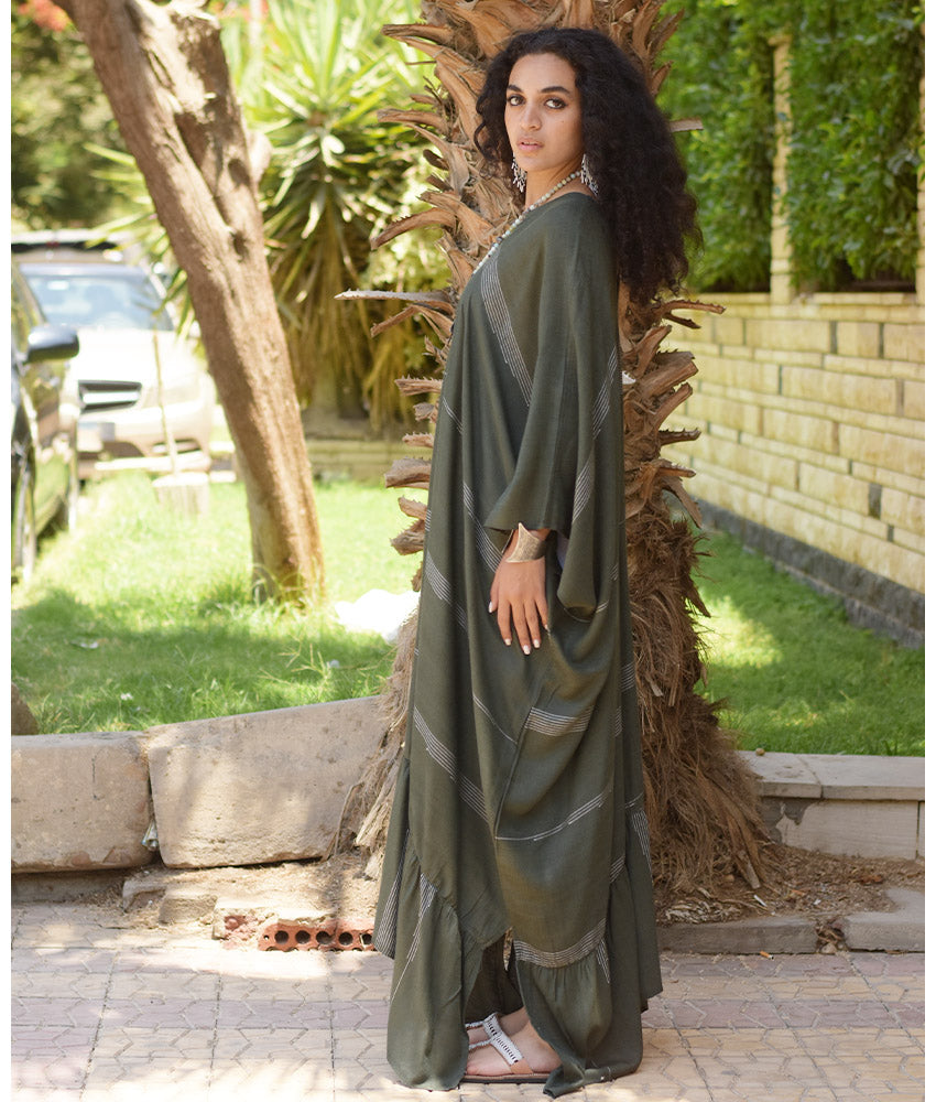 Army Green Handwoven Ruffle Kaftan handmade in Egypt & available at Jozee boutique