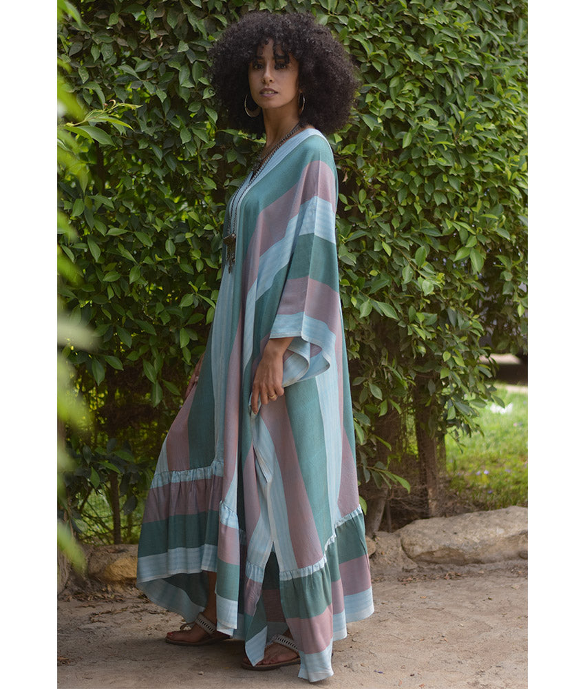Multicolored Handwoven Ruffle Kaftan handmade in Egypt & available at Jozee boutique