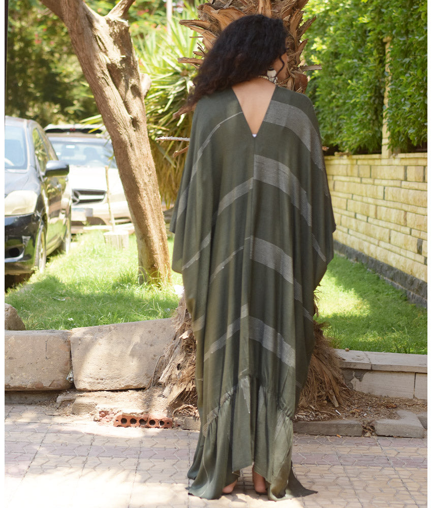 Army Green Handwoven Ruffle Kaftan handmade in Egypt & available at Jozee boutique