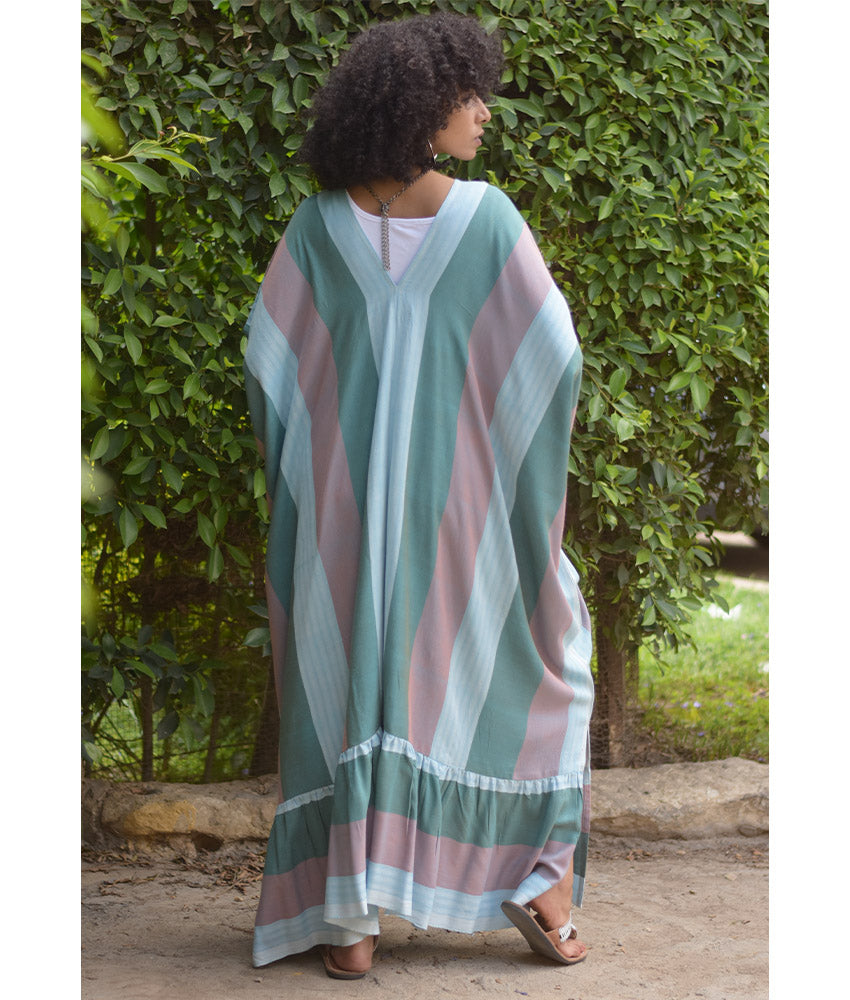 Multicolored Handwoven Ruffle Kaftan handmade in Egypt & available at Jozee boutique