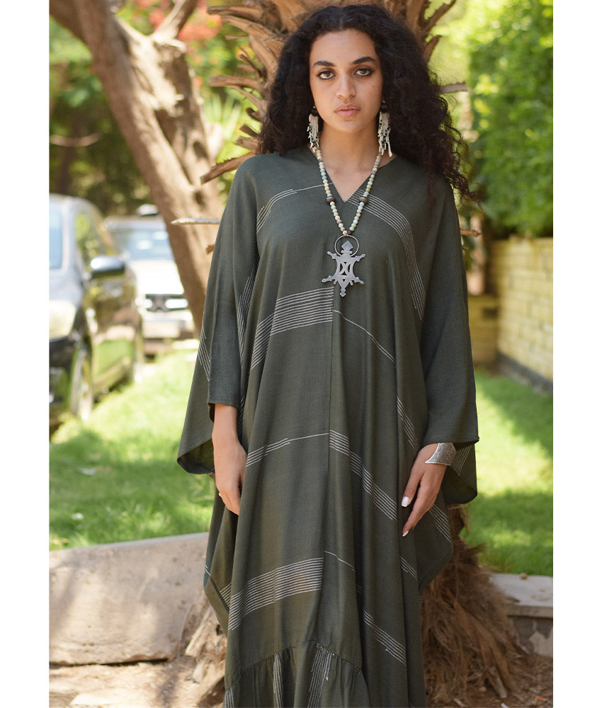 Army Green Handwoven Ruffle Kaftan handmade in Egypt & available at Jozee boutique