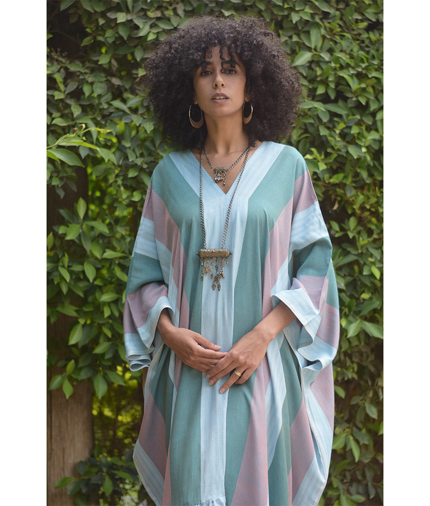 Multicolored Handwoven Ruffle Kaftan handmade in Egypt & available at Jozee boutique
