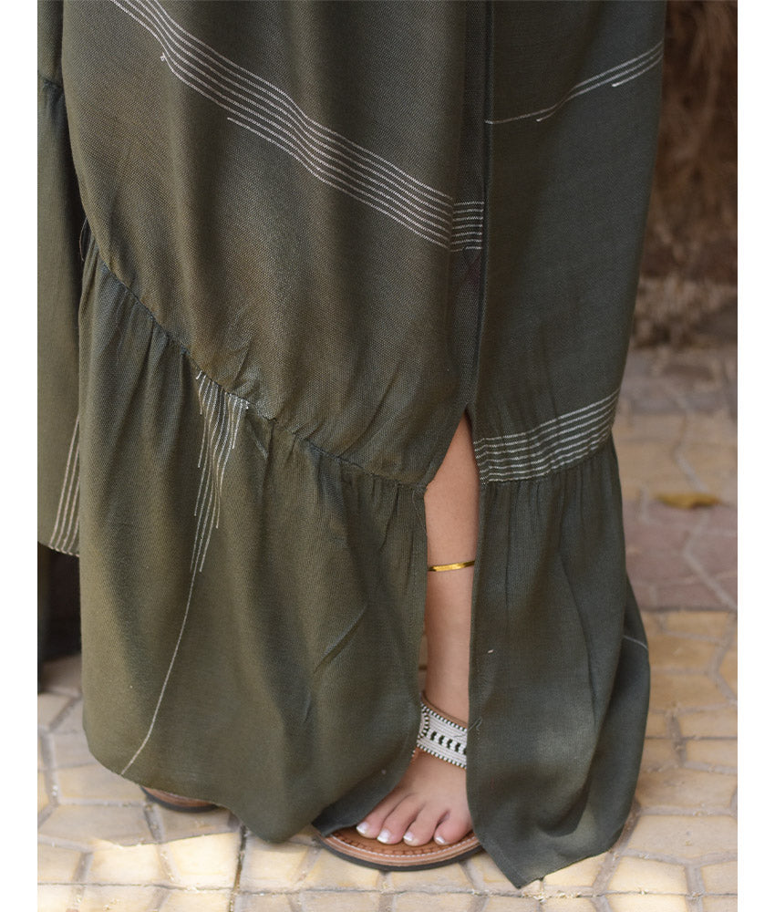 Army Green Handwoven Ruffle Kaftan handmade in Egypt & available at Jozee boutique