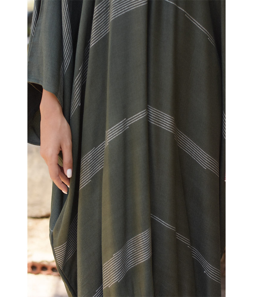 Army Green Handwoven Ruffle Kaftan handmade in Egypt & available at Jozee boutique