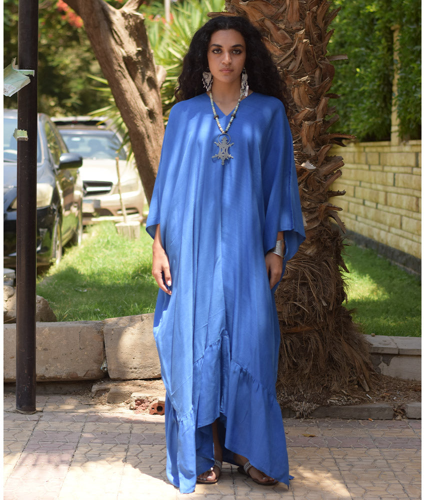 Royal Blue Handwoven Ruffle Kaftan handmade in Egypt & available at Jozee boutique