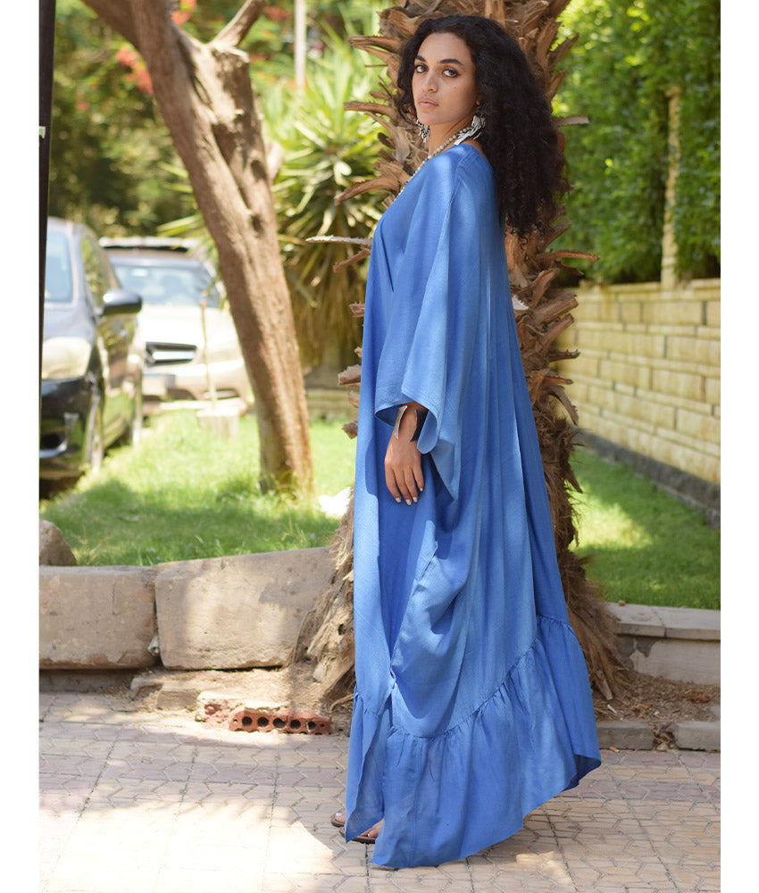 Royal Blue Handwoven Ruffle Kaftan handmade in Egypt & available at Jozee boutique