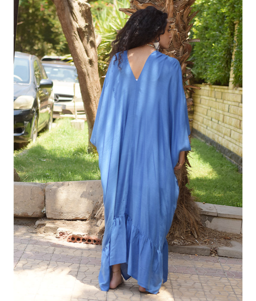 Royal Blue Handwoven Ruffle Kaftan handmade in Egypt & available at Jozee boutique