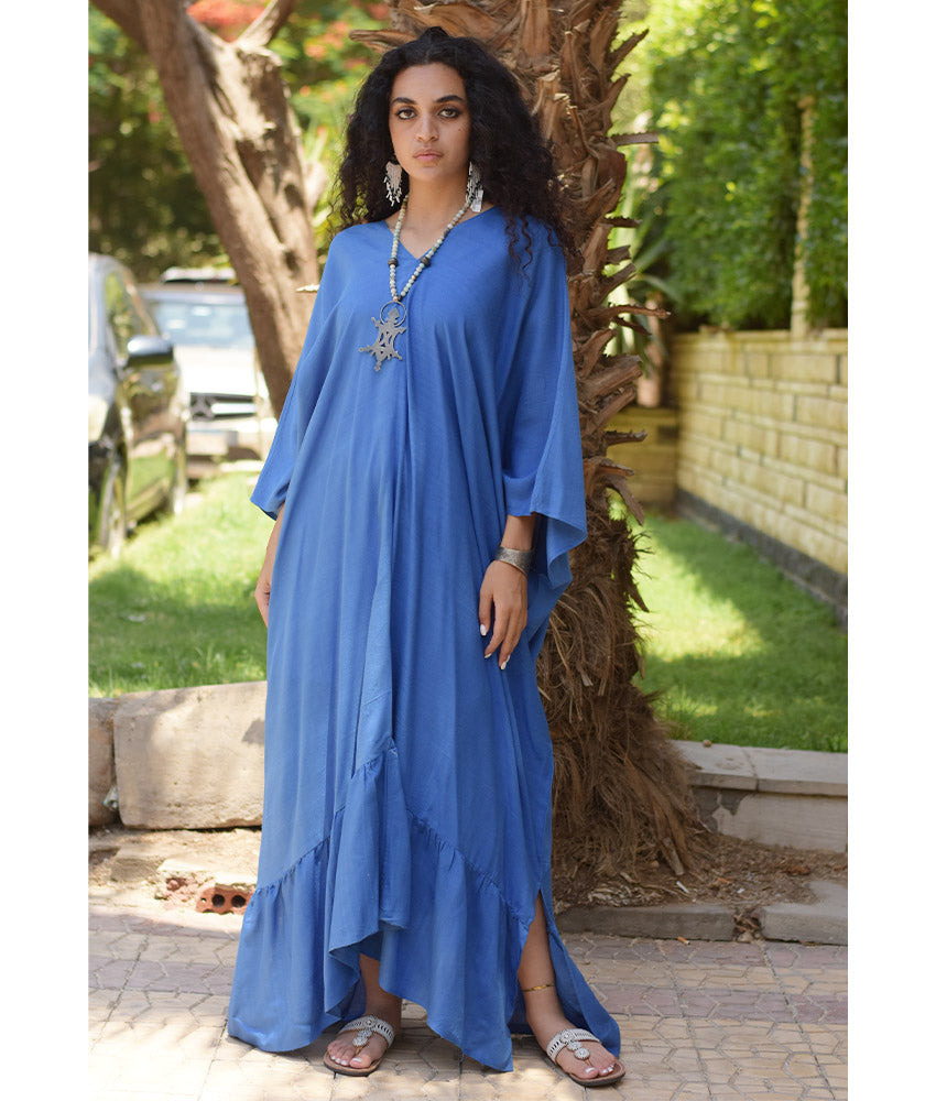 Royal Blue Handwoven Ruffle Kaftan handmade in Egypt & available at Jozee boutique