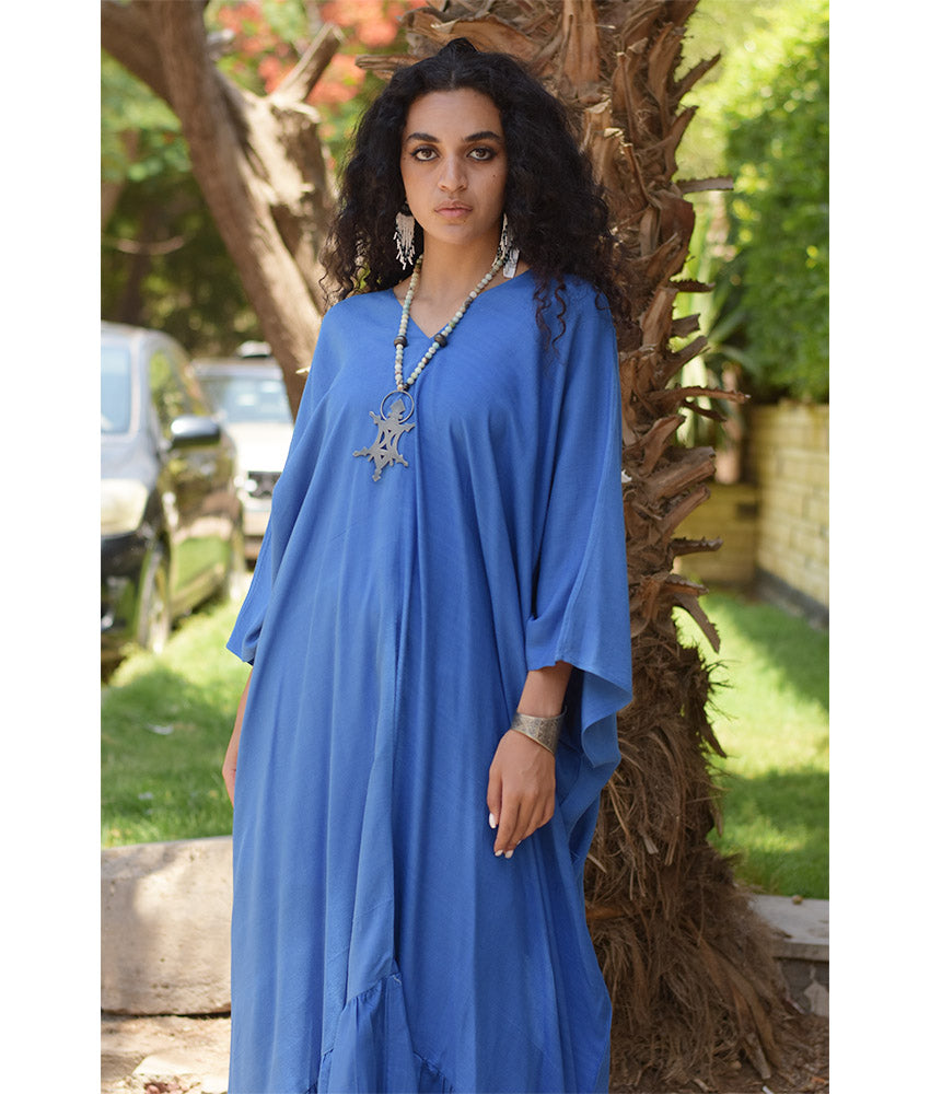 Royal Blue Handwoven Ruffle Kaftan handmade in Egypt & available at Jozee boutique