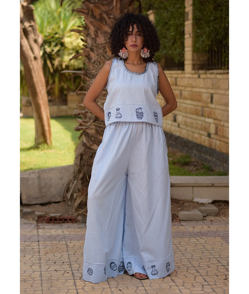Baby blue Cotton Set with Hand Embroideries handmade in Egypt & available at Jozee Boutique.