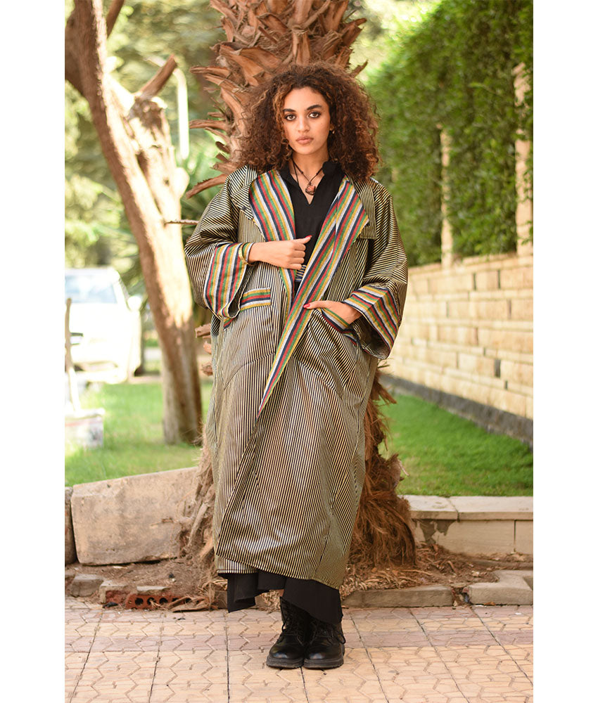 Striped Gold and Black & Multicolored Long Double-Faced Jacket handmade in Egypt & available at Jozee Boutique.