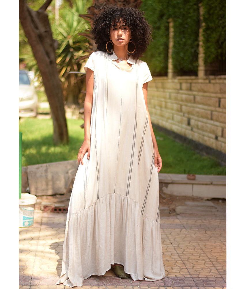 Off White Handwoven Ruffle Dress Handmade in Egypt & available at Jozee Boutique