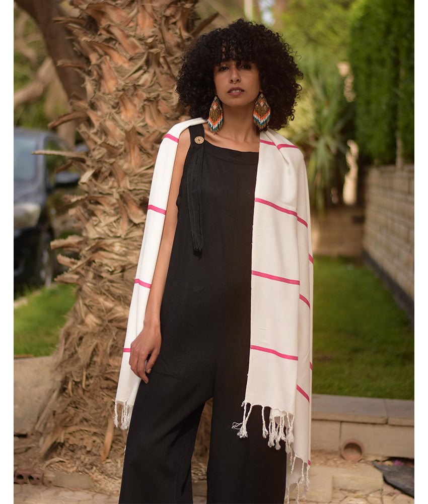Off White & Fuchsia Viscose Shawl with Fringes handmade in Egypt & available at Jozee Boutique.handmade in Egypt & available at Jozee Boutique.