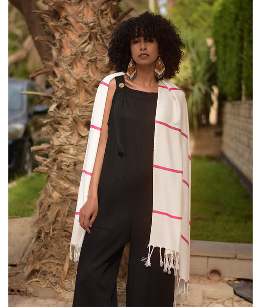Off White & Fuchsia Viscose Shawl with Fringes handmade in Egypt & available at Jozee Boutique.handmade in Egypt & available at Jozee Boutique.