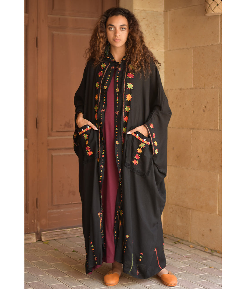 Black Siwa Embroidered Linen Cardigan/Abaya with Hoodie handmade in Egypt & available at Jozee Boutique.