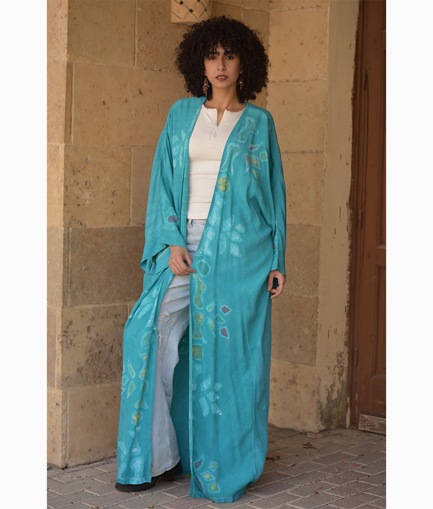 Aqua Batik Dyed Nubian Cardigan handmade in Egypt & available at Jozee Boutique.