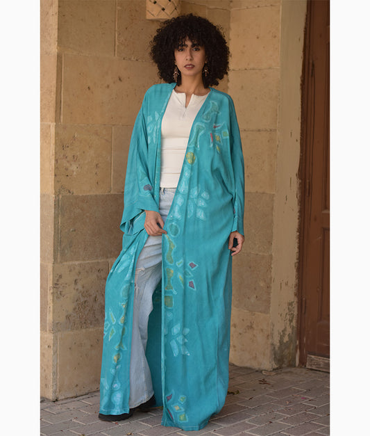 Aqua Batik Dyed Nubian Cardigan handmade in Egypt & available at Jozee Boutique.