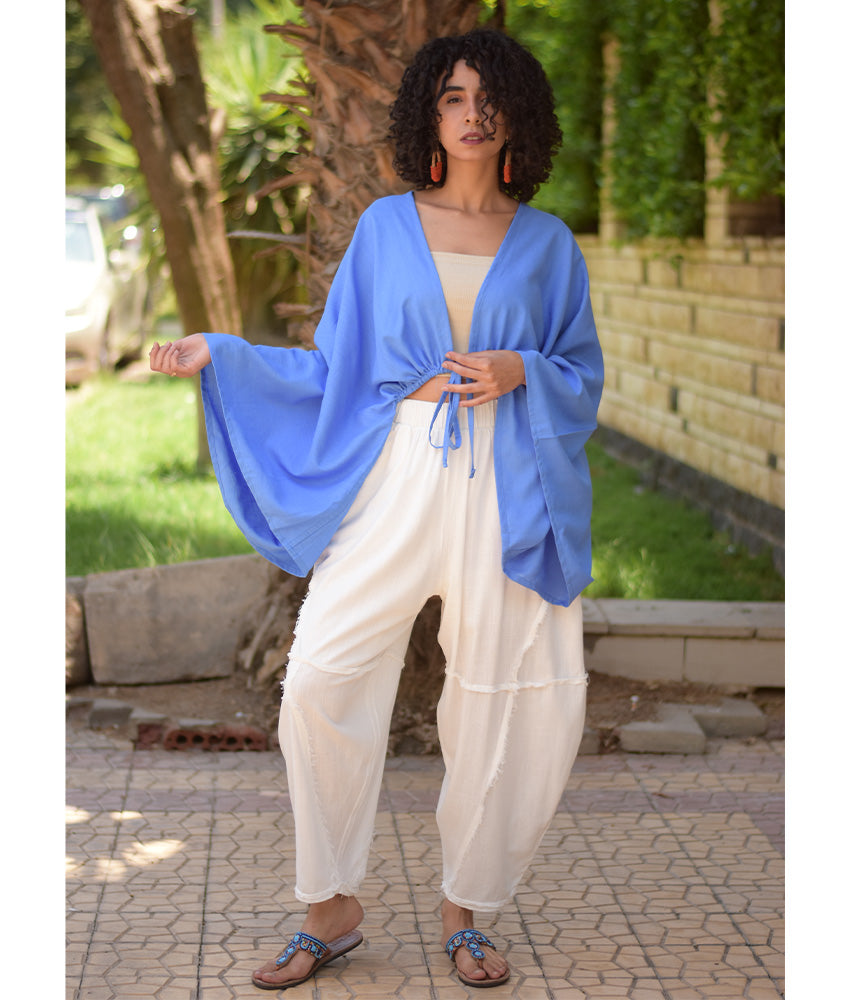 Deinm Blue Linen Bolero made in Egypt & available at Jozee Boutique.