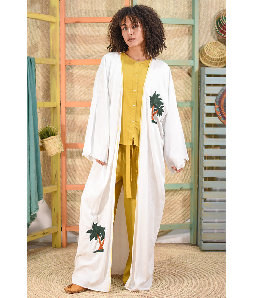 White Embroidered Handwoven Linen Cardigan handmade in Egypt & available at Jozee boutique
