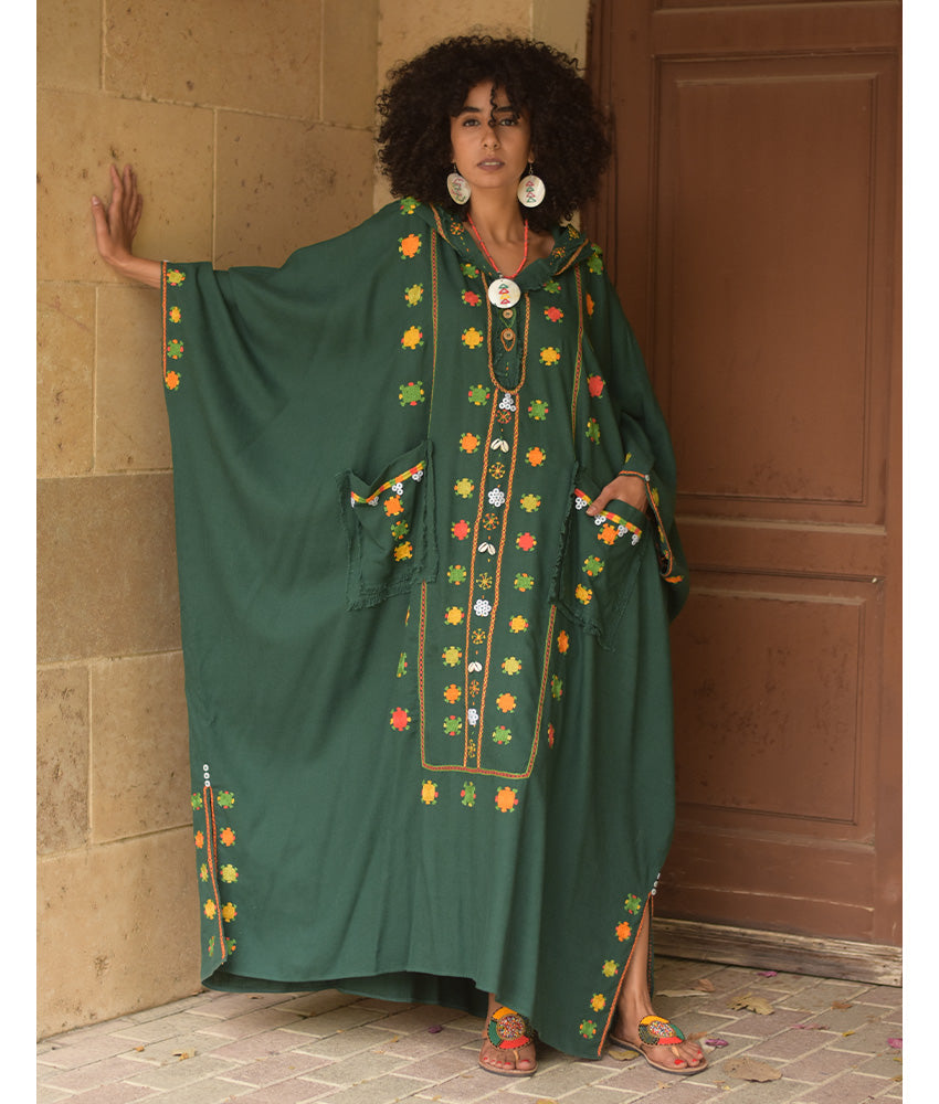 Emerald Green Siwa Embroidered Linen Kaftan with Hoodie handmade in Egypt & available at Jozee Boutique.