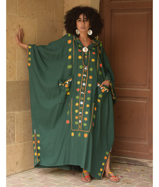 Emerald Green Siwa Embroidered Linen Kaftan with Hoodie handmade in Egypt & available at Jozee Boutique.