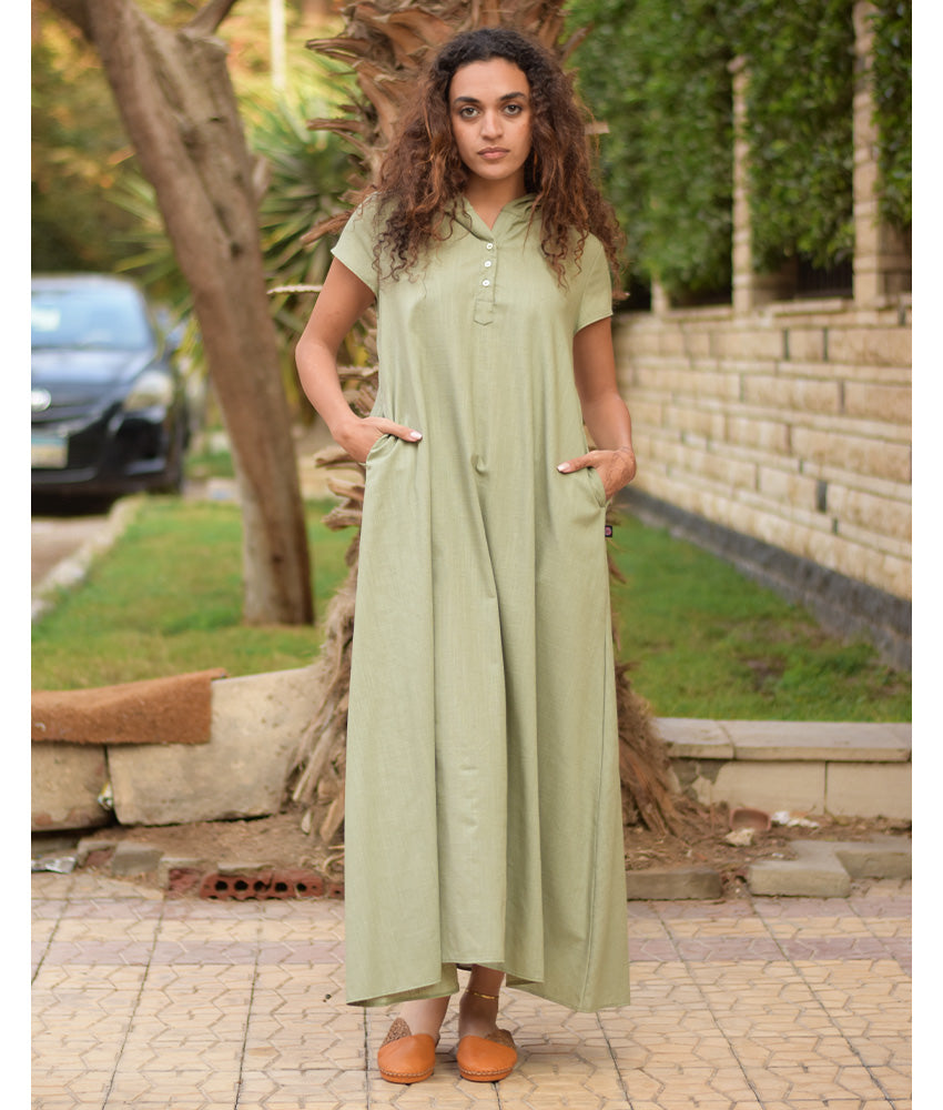 Light olive Linen Dress with Hoodie handmade in Egypt & available at Jozee Boutique.