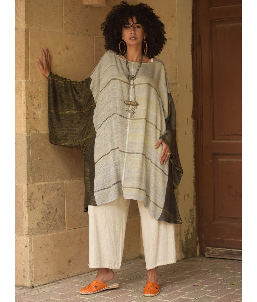 Beige & Army Green Viscose Midi Dress with Inspired Pattern handmade in Egypt & available at Jozee Boutique.