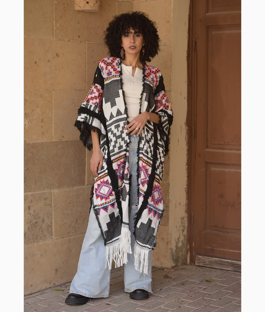 Black & White Beaded Kimono Handmade in Egypt & available at Jozee Boutique