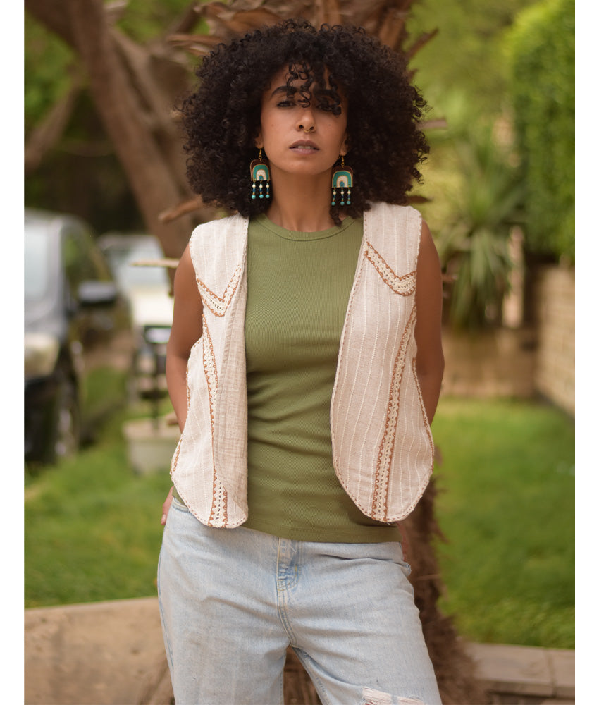 Off White & brown Hand Embroideries Linen Vest handmade in Egypt & available at Jozee Boutique.