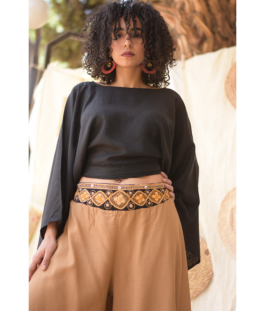 Camel Siwa Embroidered Flowy Pants handmade in Egypt & available at Jozee Boutique.