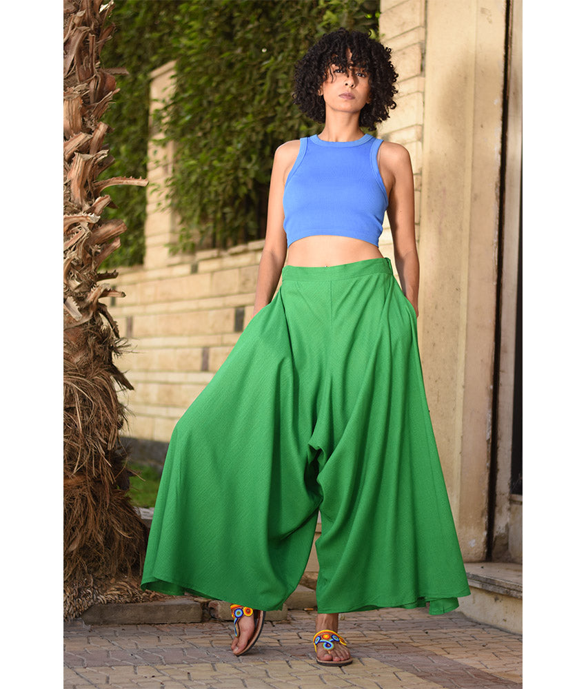 Green Flowy Pants handmade in Egypt & available in Jozee boutique