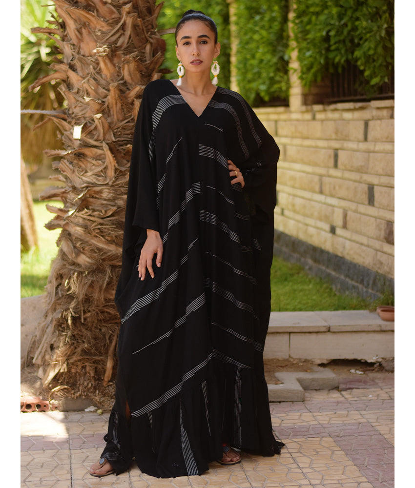 Black Handwoven Ruffle Kaftan handmade in Egypt & available at Jozee boutique