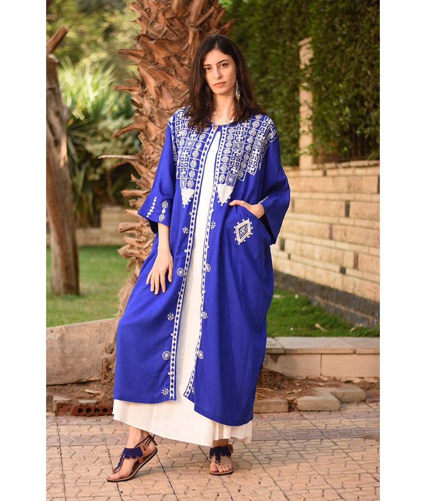 Electric Blue Siwa Embroidered Handwoven Linen Cardigan handmade in Egypt & available at Jozee Boutique.