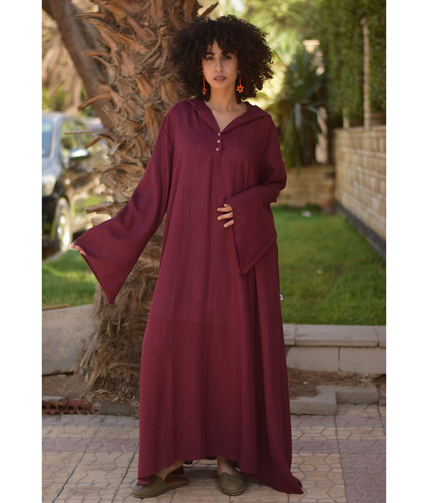Burgundy Linen Dress with Hoodie handmade in Egypt & available at Jozee Boutique.