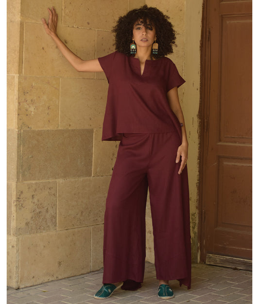 Burgundy Linen Draped Wide-Leg Pants handmade in Egypt & available in Jozee boutique