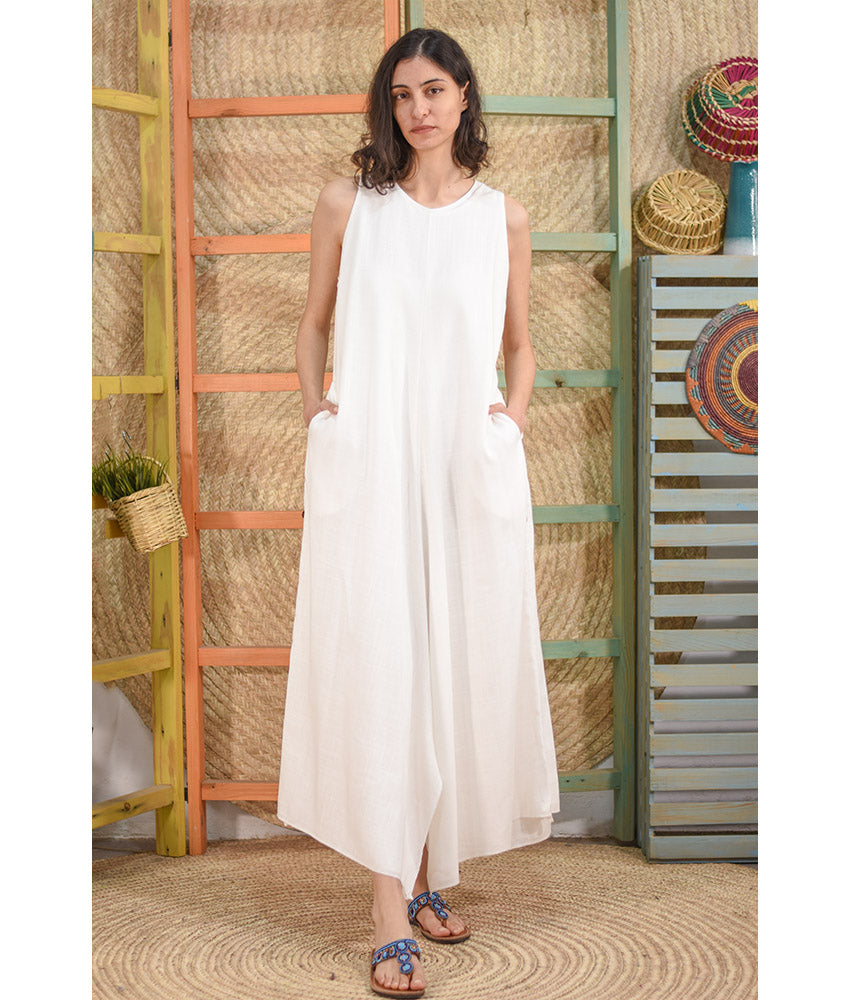 White Linen Tent Dress With Side Buttons handmade in Egypt & available at Jozee boutique