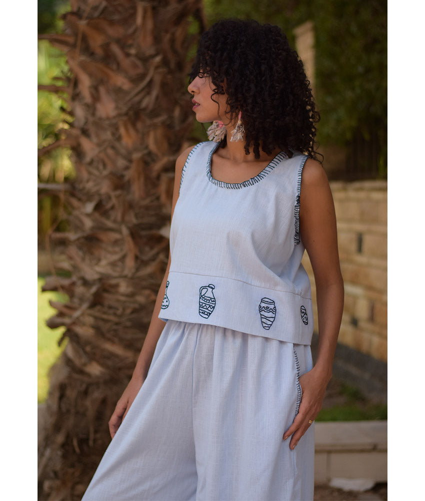 Baby blue Cotton Set with Hand Embroideries handmade in Egypt & available at Jozee Boutique.