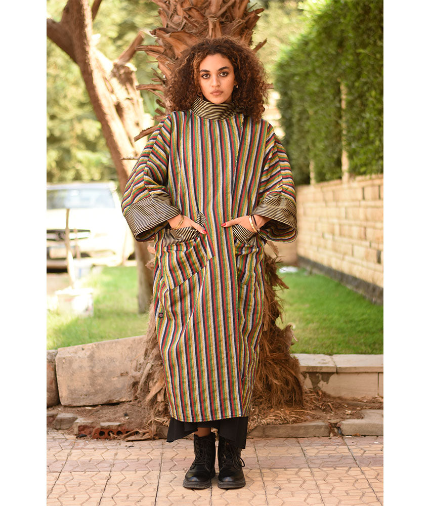 Striped Gold and Black & Multicolored Long Double-Faced Jacket handmade in Egypt & available at Jozee Boutique.