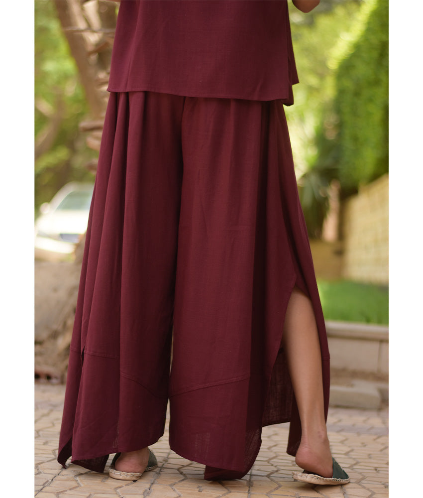 Burgundy Linen Draped Wide-Leg Pants handmade in Egypt & available in Jozee boutique