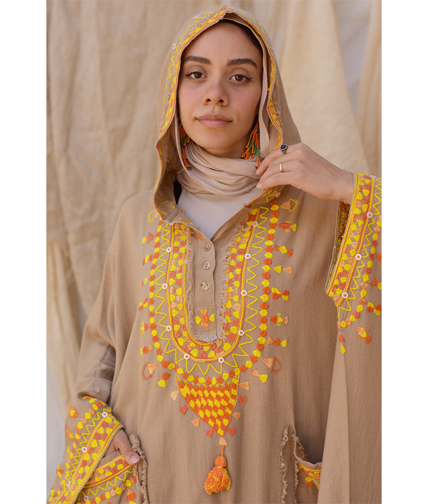 Dark Beige Siwa Embroidered Linen Kaftan with Hoodie handmade in Egypt & available at Jozee Boutique.