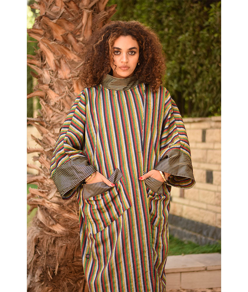 Striped Gold and Black & Multicolored Long Double-Faced Jacket handmade in Egypt & available at Jozee Boutique.