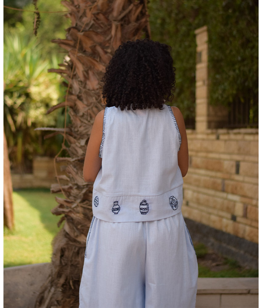 Baby blue Cotton Set with Hand Embroideries handmade in Egypt & available at Jozee Boutique.