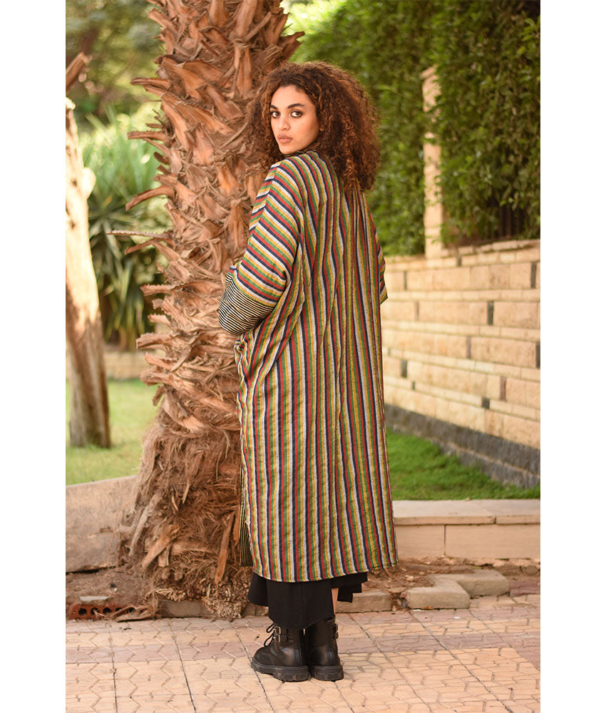Striped Gold and Black & Multicolored Long Double-Faced Jacket handmade in Egypt & available at Jozee Boutique.