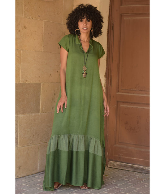Green Handwoven Ruffle Dress Handmade in Egypt & available at Jozee Boutique