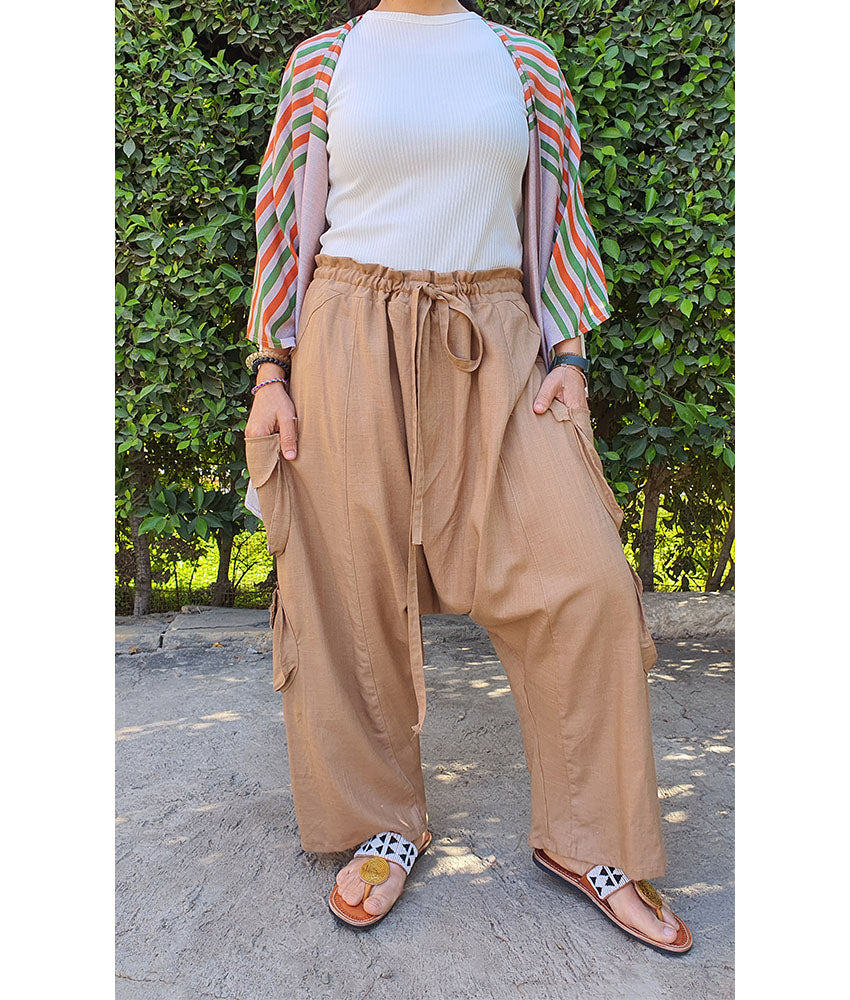 Dark Beige Linen Baggy Harem Pants handmade in Egypt & available in Jozee Boutique