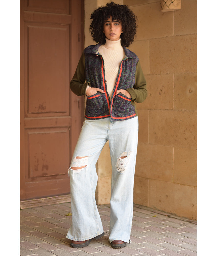 Dark Olive & Purple Cropped Akhmim Loomwoven Jacket handmade in Egypt & available at Jozee Boutique.