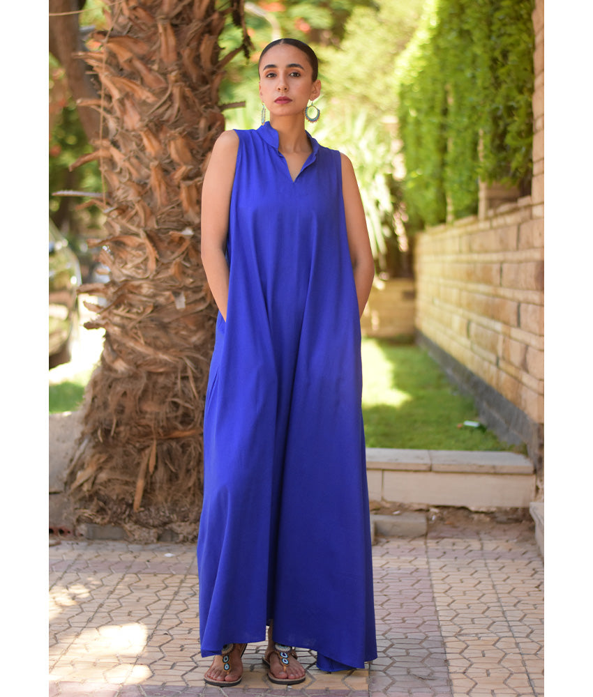 Electric blue Linen Japanese Dress made in Egypt & available in Jozee boutique