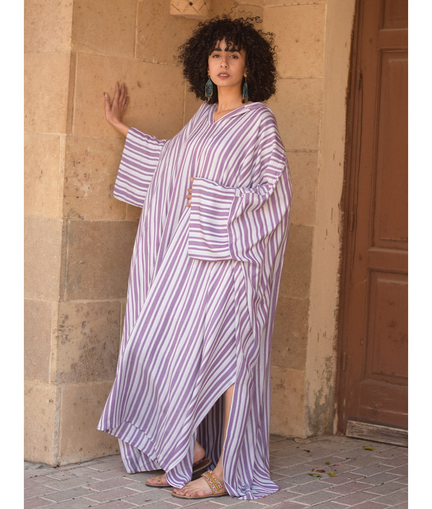 White & Purple Stripped Viscose Kaftan with Hoodie handmade in Egypt & available at Jozee Boutique.