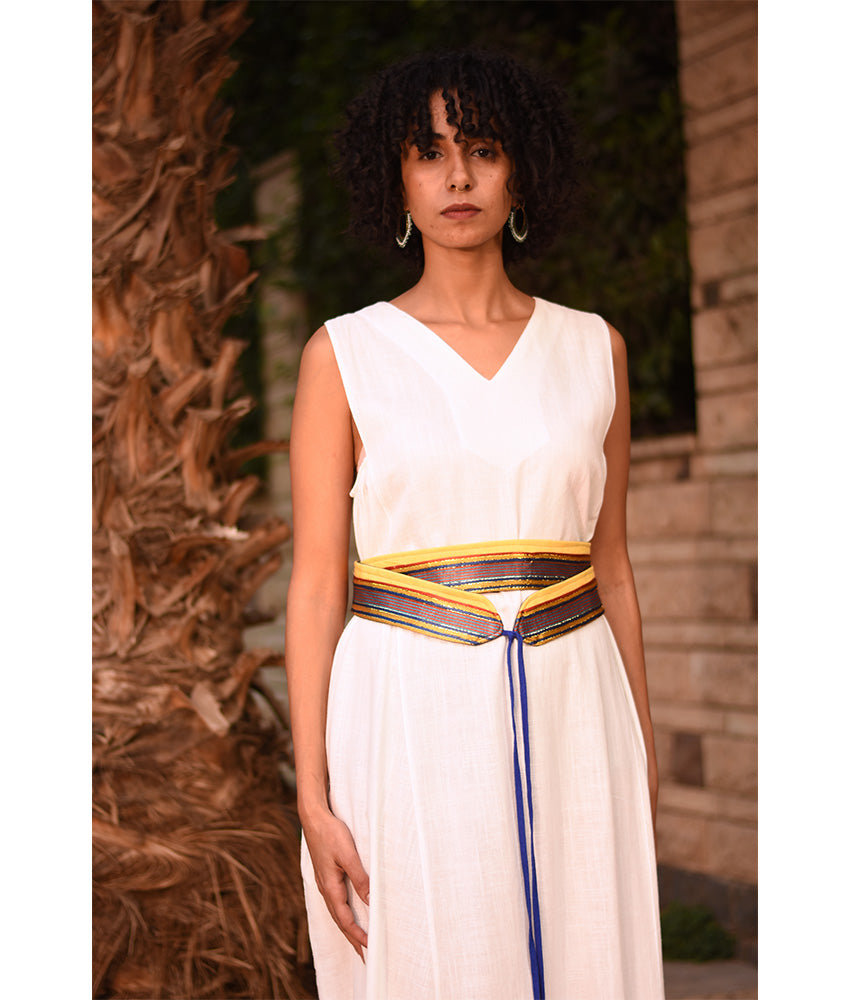 Denim Blue & Multicolored Silk & Cotton Loom Woven Double Wrap Belt handmade in Egypt and available at Jozee Boutique